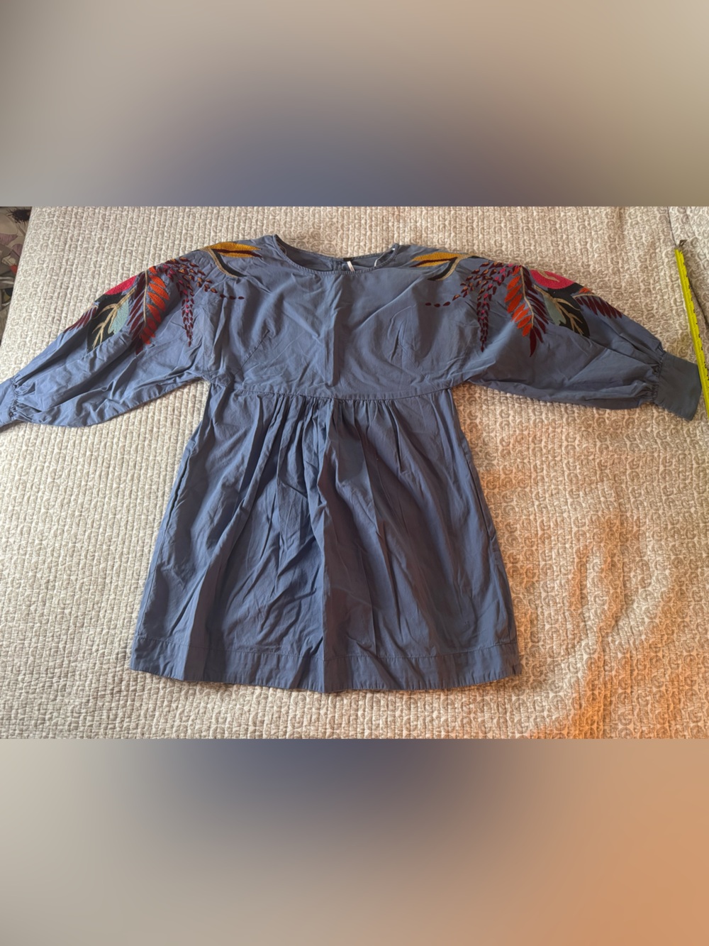 Free People Blue Tunic Dress with Red, Orange and Yellow Embroidered Sleeves